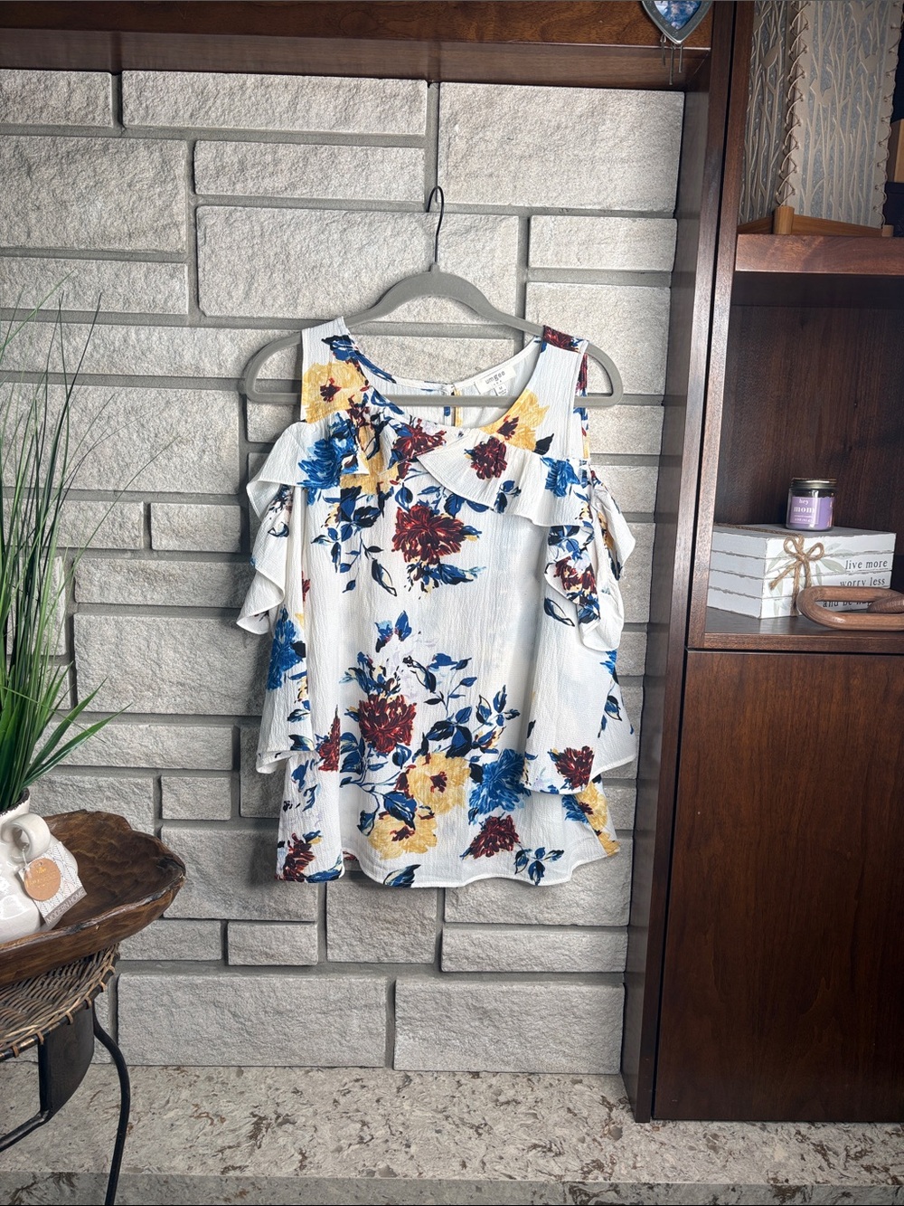 Umgee White Cold-Shoulder Floral Ruffle Blouse with Blue, Yellow & Burgundy